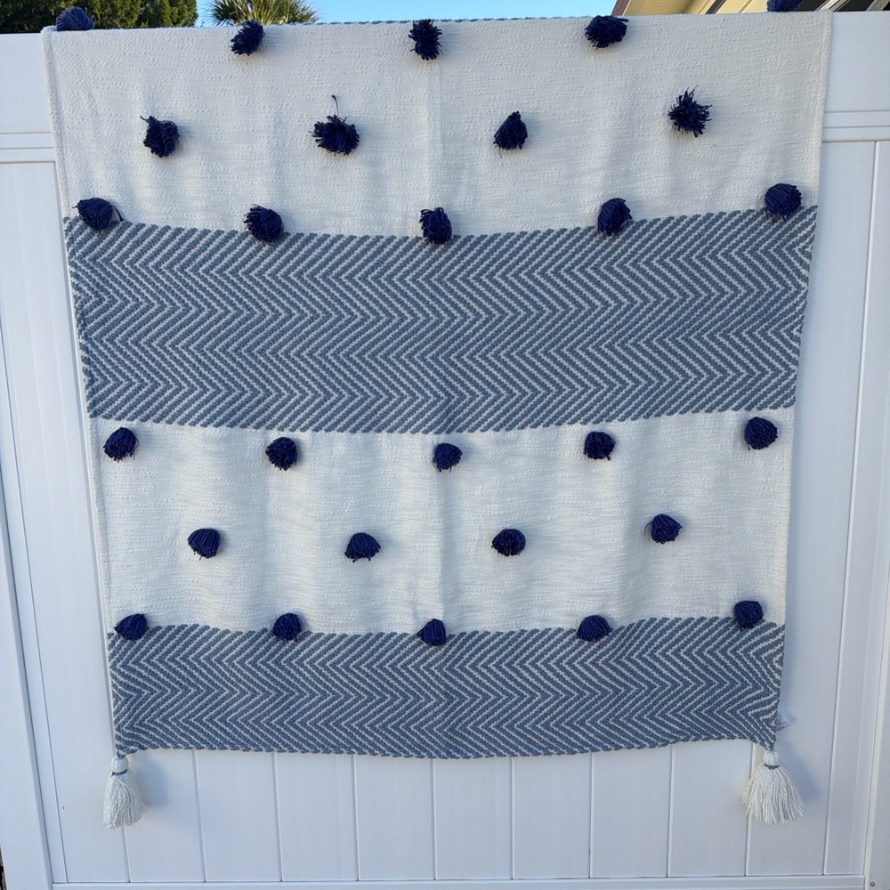 Anthropologie Blue & White Pom Pom Throw Blanket 50x60 Boho Coastal